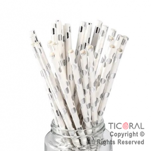 SORBETE POLIPAPEL METALIZADO IMPRESO LUNARES BLANCO Y PLATA X 25